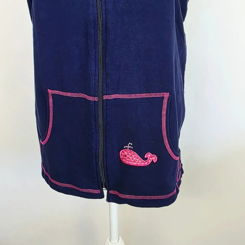 The Quacker Factory Lounge Outfit Set Large Navy Pink Whale Zip Vest Coastal
